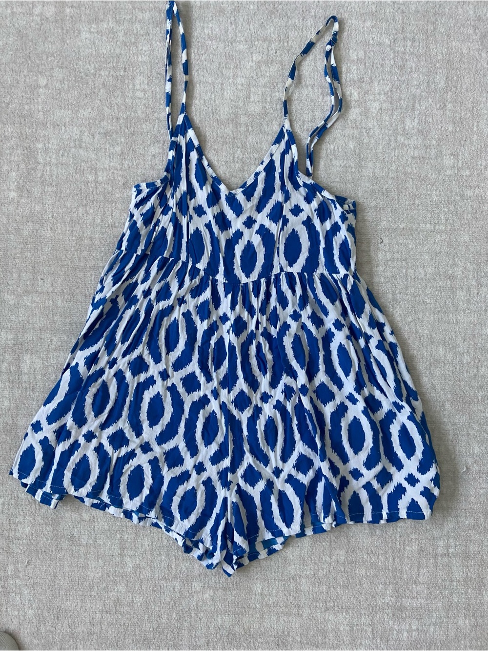 Sleeveless Blue & White Printed Romper with V-Neck